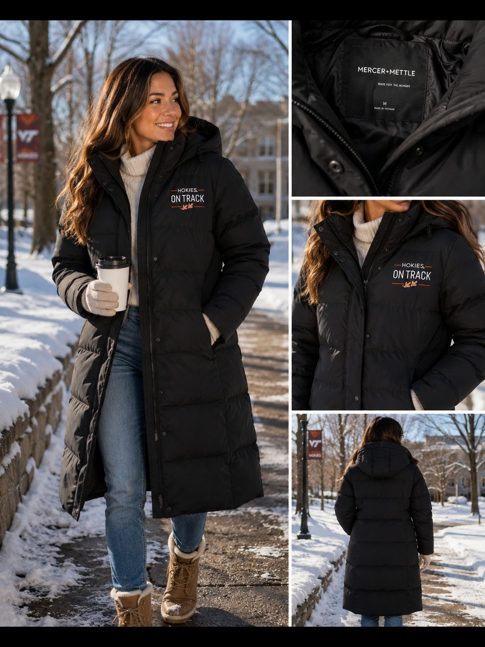 Women’s Black Hooded Long Puffer Coat - "Hokies On Track"